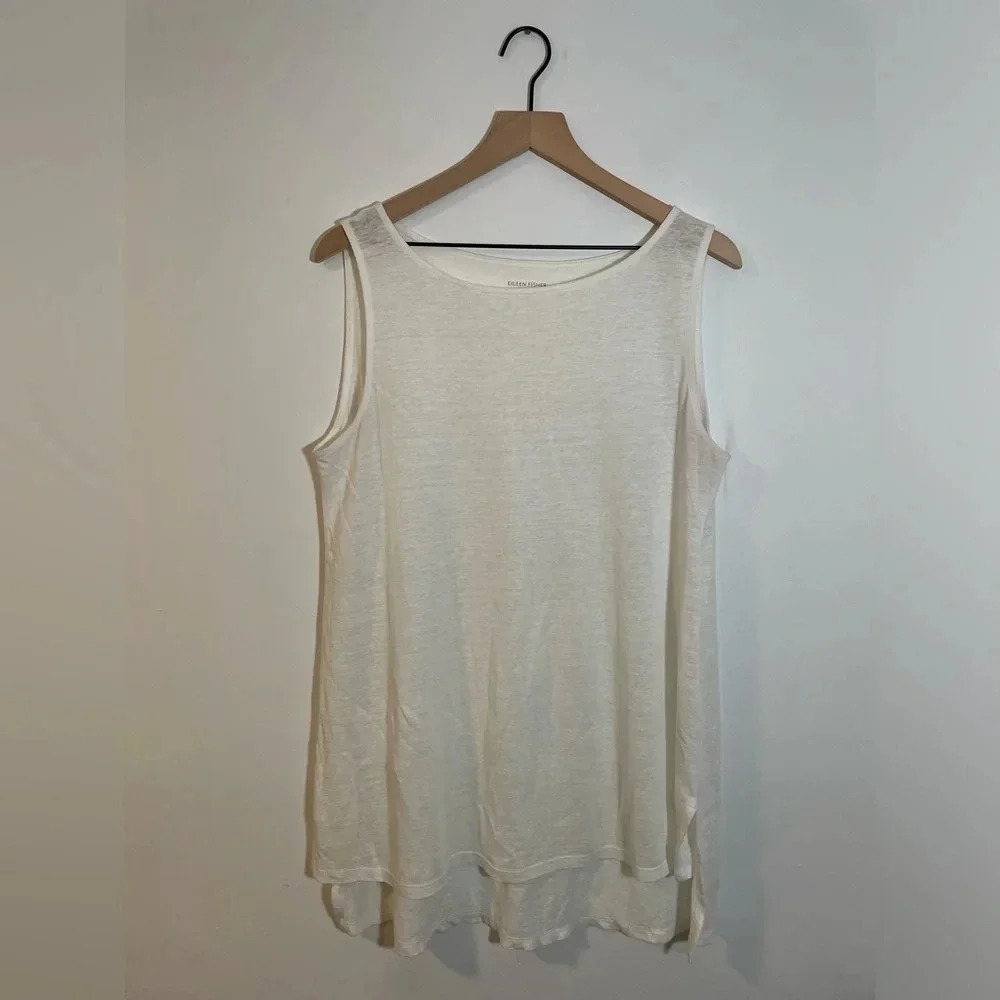 Eileen Fisher Cream Sleeveless Organic Linen Tunic Tank